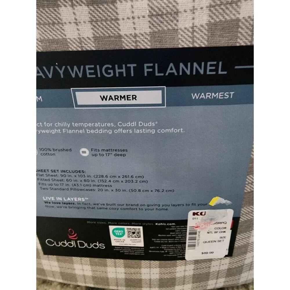 Cuddl Duds Heavyweight Flannel QUEEN Brushed Cotton Sheet Set Neutral Buff Check
